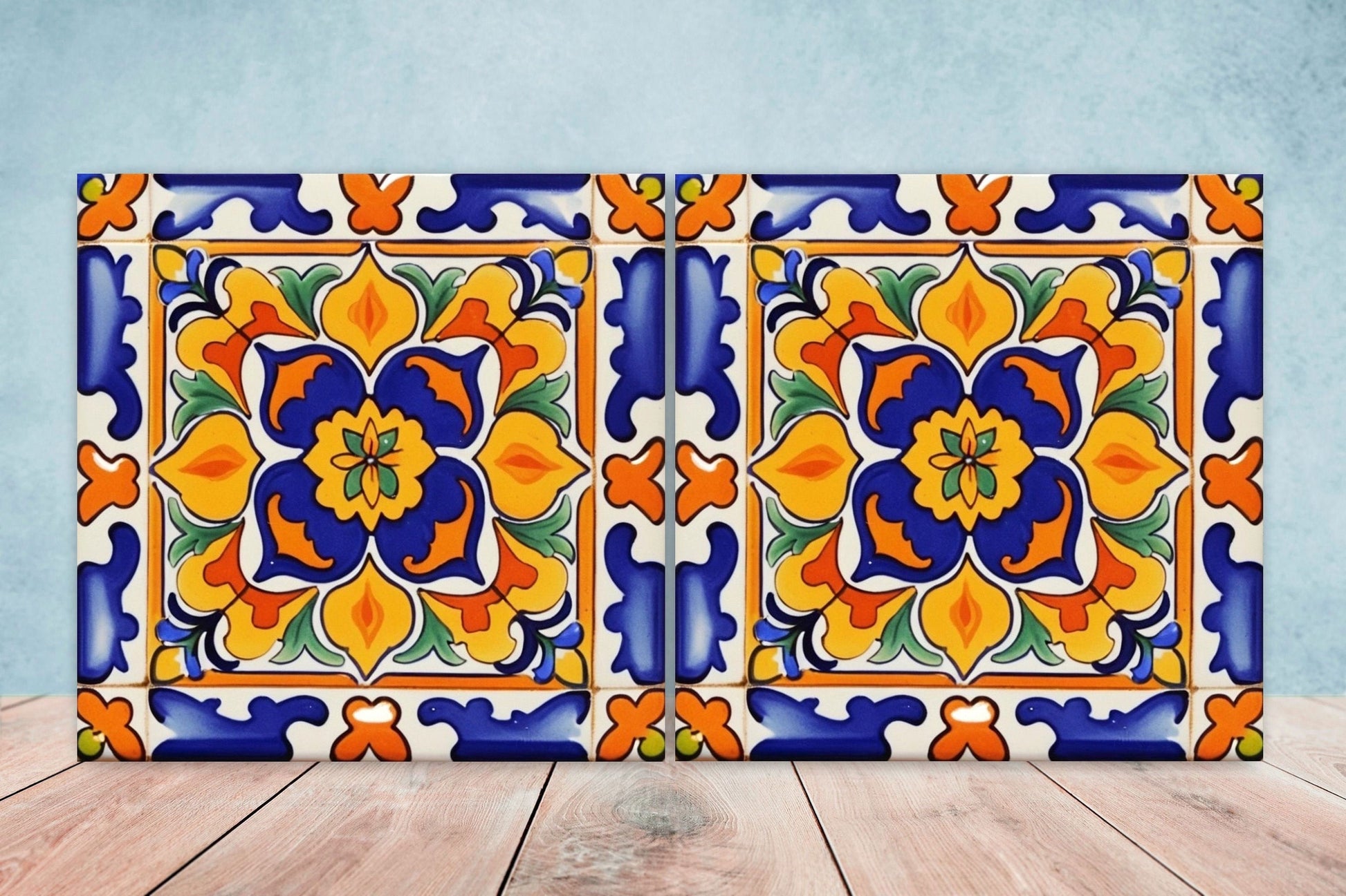 Spanish Ceramic Flower Tiles - Set of 2 Spanish Wall Decor Tiles - Kitchen Backsplash Tiles, Table Decorative Tiles, Bathroom Tiles, Coaster
