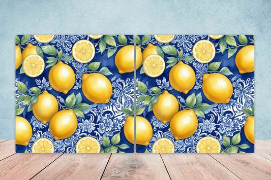 Italian Majolica Lemon Tiles - Set of 2 Italian Wall Decor Tiles - Kitchen Backsplash Tiles, Table Decorative Tiles, Bathroom Tiles, Coaster
