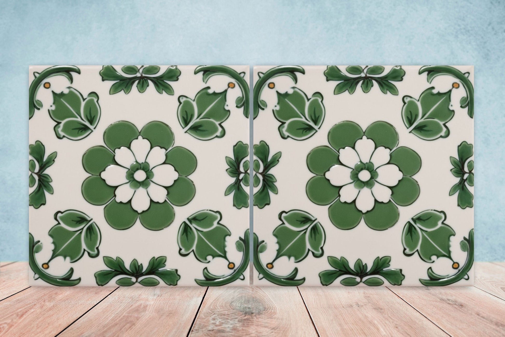 Spanish Ceramic Flower Tiles - Set of 2 Spanish Wall Decor Tiles - Kitchen Backsplash Tiles, Table Decorative Tiles, Bathroom Tiles, Coaster