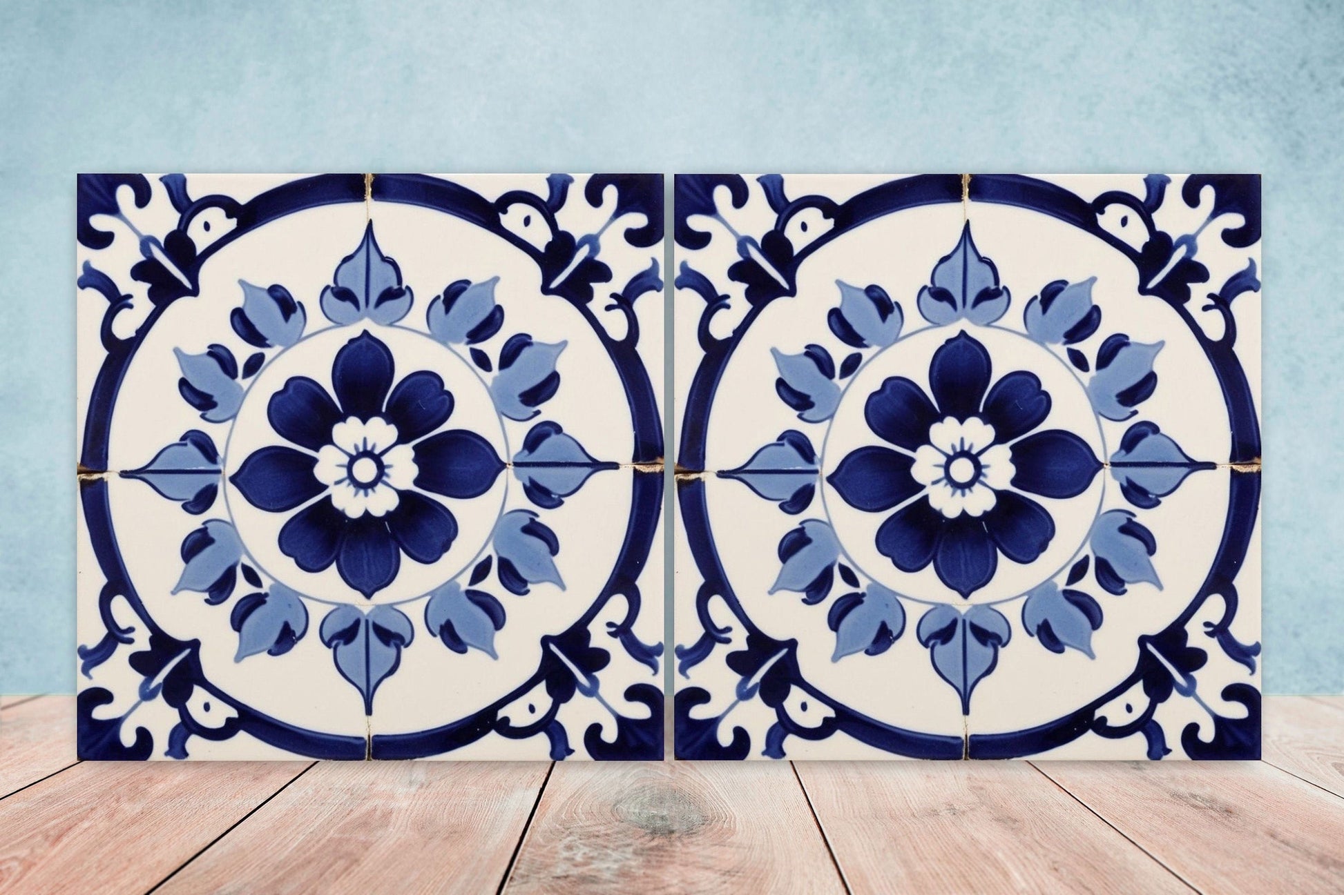 Spanish Ceramic Flower Tiles - Set of 2 Spanish Wall Decor Tiles - Kitchen Backsplash Tiles, Table Decorative Tiles, Bathroom Tiles, Coaster