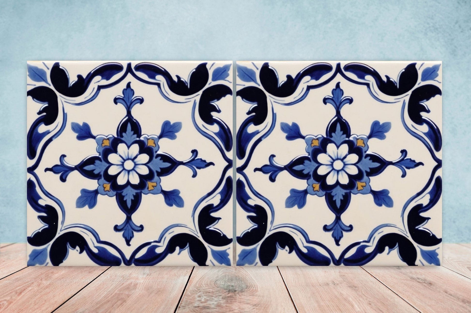Spanish Ceramic Flower Tiles - Set of 2 Spanish Wall Decor Tiles - Kitchen Backsplash Tiles, Table Decorative Tiles, Bathroom Tiles, Coaster