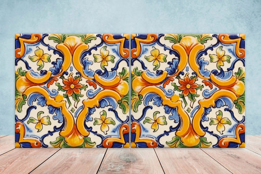 Spanish Ceramic Flower Tiles - Set of 2 Spanish Wall Decor Tiles - Kitchen Backsplash Tiles, Table Decorative Tiles, Bathroom Tiles, Coaster