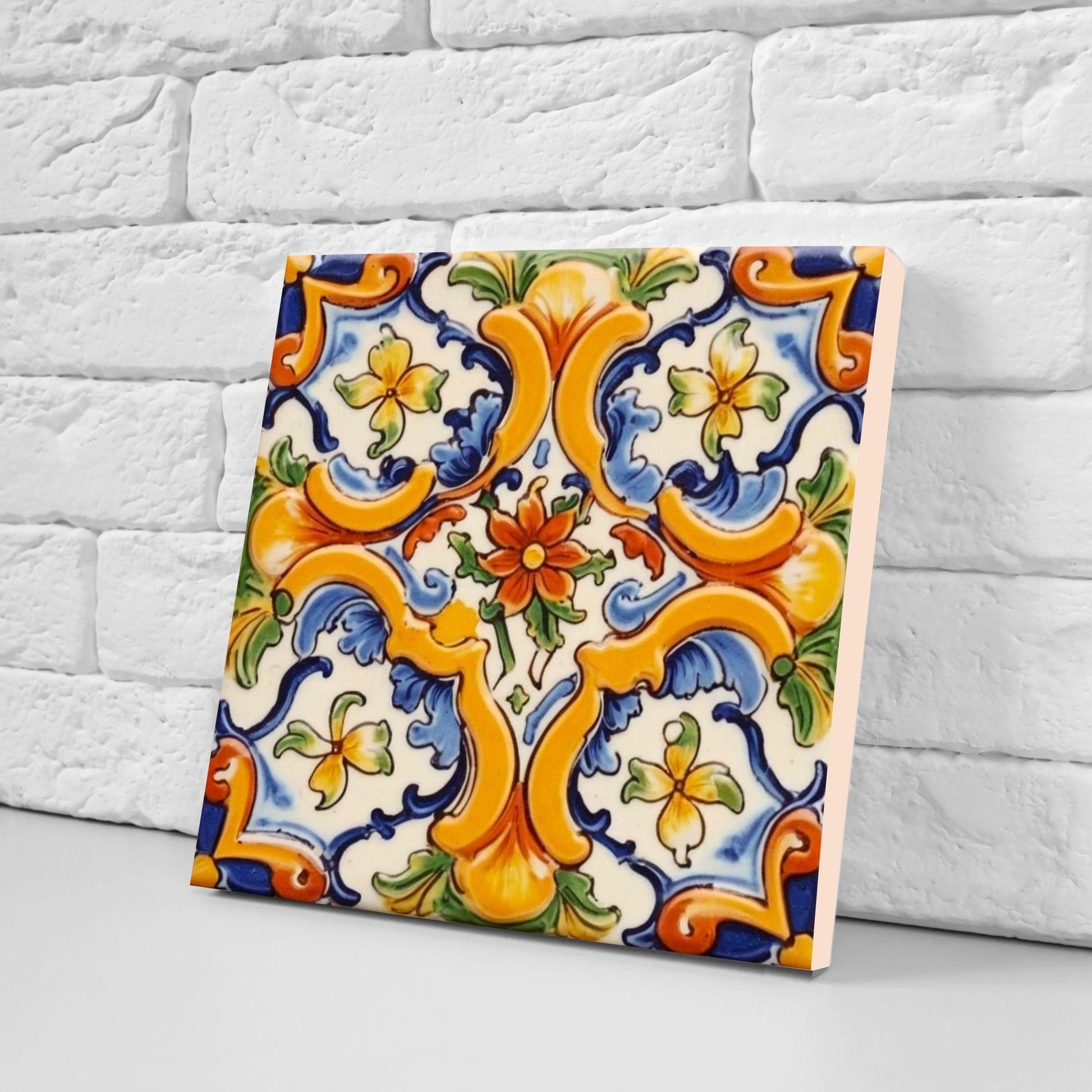 Spanish Ceramic Flower Tiles - Set of 2 Spanish Wall Decor Tiles - Kitchen Backsplash Tiles, Table Decorative Tiles, Bathroom Tiles, Coaster