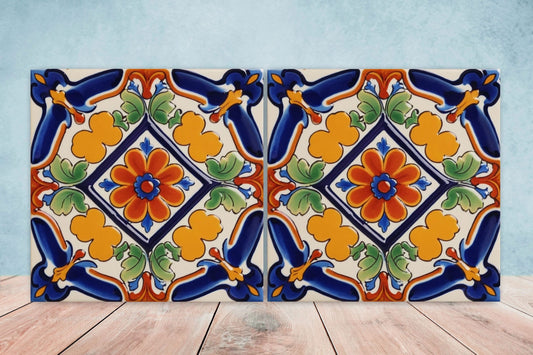Spanish Ceramic Flower Tiles - Set of 2 Spanish Wall Decor Tiles - Kitchen Backsplash Tiles, Table Decorative Tiles, Bathroom Tiles, Coaster