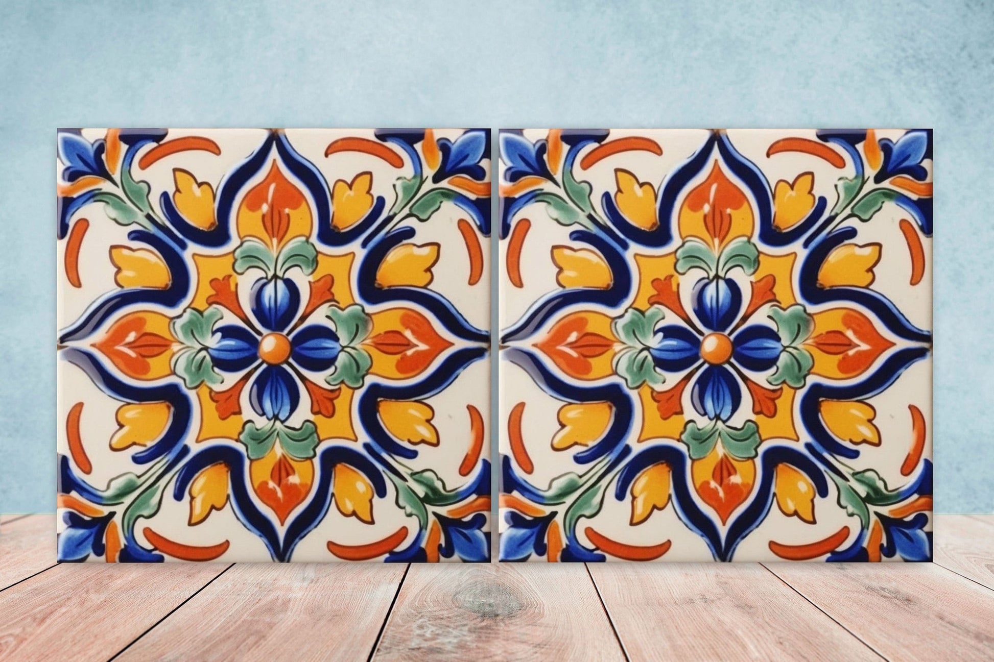 Spanish Ceramic Flower Tiles - Set of 2 Spanish Wall Decor Tiles - Kitchen Backsplash Tiles, Table Decorative Tiles, Bathroom Tiles, Coaster