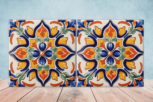 Spanish Ceramic Flower Tiles - Set of 2 Spanish Wall Decor Tiles - Kitchen Backsplash Tiles, Table Decorative Tiles, Bathroom Tiles, Coaster