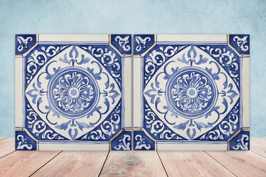 Greek Mediterranean Tiles - Set of 2 Greek Wall Decor Tiles - Kitchen Backsplash Tiles, Table Decorative Tiles, Bathroom Tiles, Coaster