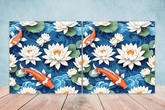 Koi Fish Ceramic Tile - Japanese Tiles -Set of 2 Wall Decor Tiles -Kitchen Backsplash Tiles,Table Decorative Tiles,Bathroom, Coaster