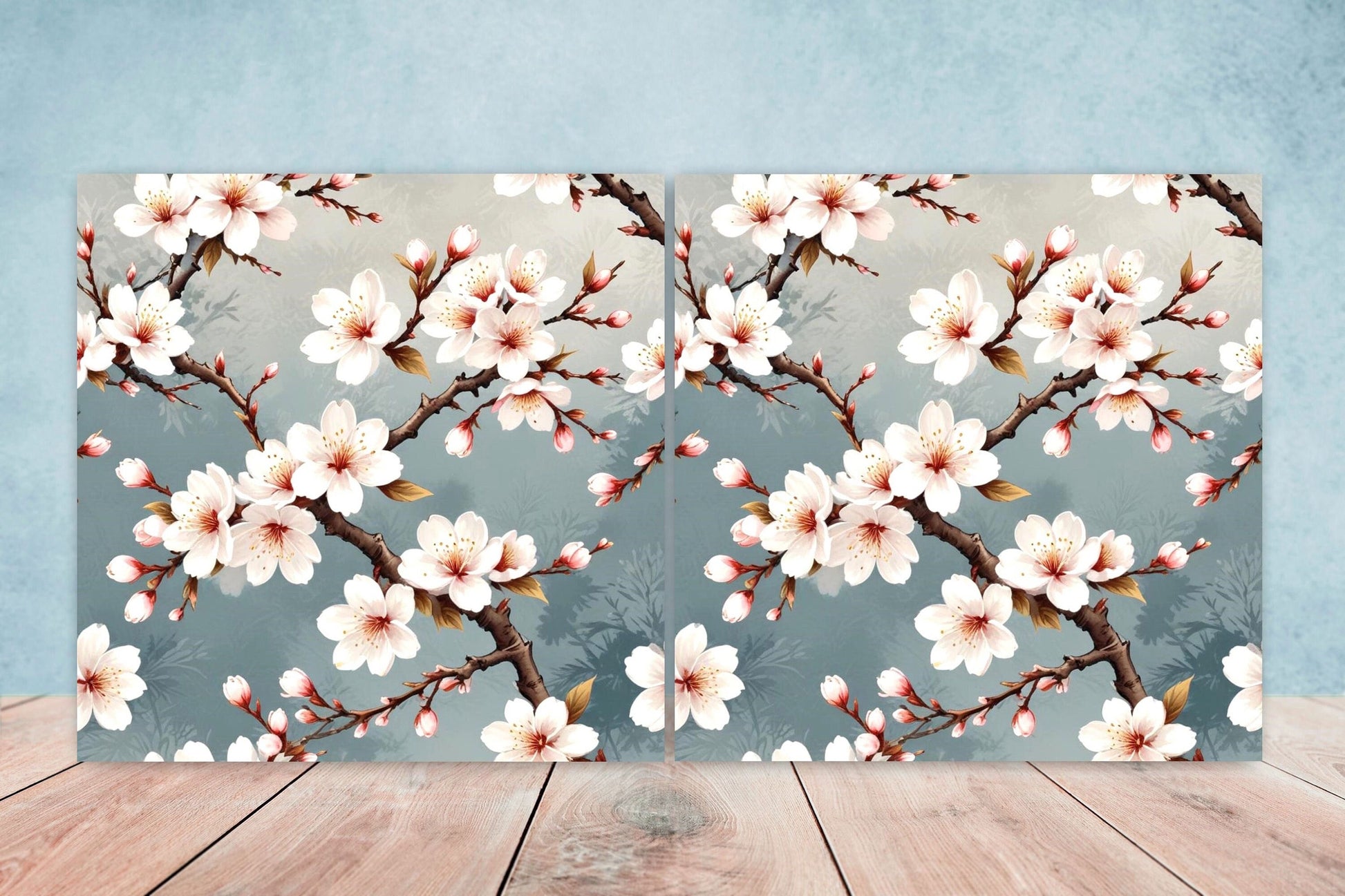 Cherry Blossom Ceramic Tiles Japanese Flower Design - Set of 2 Wall Décor Tiles - Kitchen Backsplash Tiles, Decorative Tiles, Bathroom Tiles