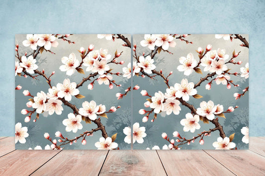 Cherry Blossom Ceramic Tiles Japanese Flower Design - Set of 2 Wall Décor Tiles - Kitchen Backsplash Tiles, Decorative Tiles, Bathroom Tiles