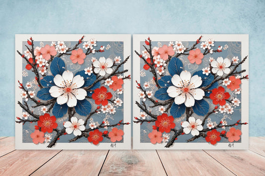 Cherry Blossom Ceramic Tiles Japanese Flower Design - Set of 2 Wall Décor Tiles - Kitchen Backsplash Tiles, Decorative Tiles, Bathroom Tiles