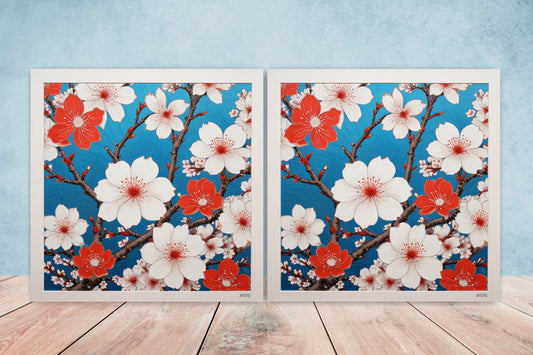 Cherry Blossom Ceramic Tiles Japanese Flower Design - Set of 2 Wall Décor Tiles - Kitchen Backsplash Tiles, Decorative Tiles, Bathroom Tiles