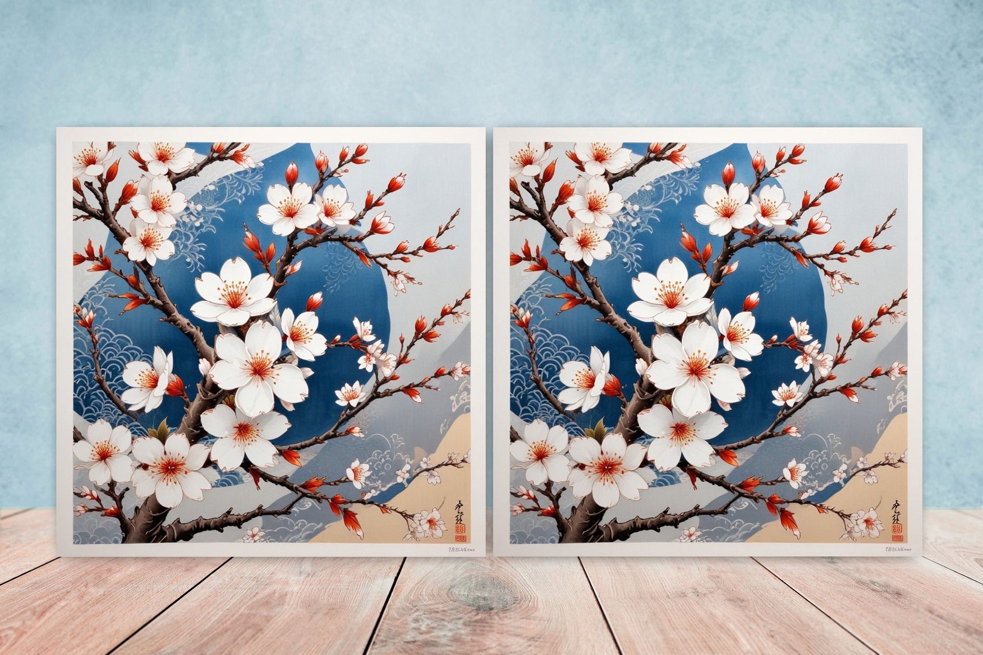 Cherry Blossom Ceramic Tiles Japanese Flower Design - Set of 2 Wall Décor Tiles - Kitchen Backsplash Tiles, Decorative Tiles, Bathroom Tiles