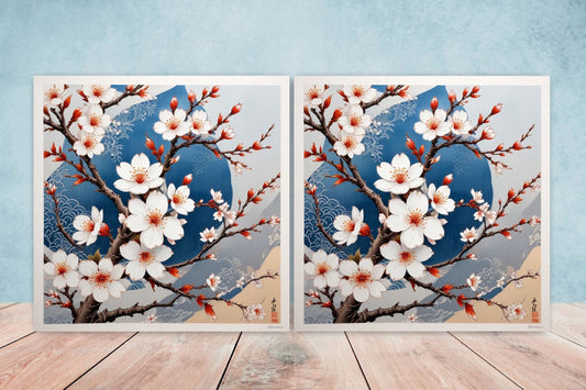 Cherry Blossom Ceramic Tiles Japanese Flower Design - Set of 2 Wall Décor Tiles - Kitchen Backsplash Tiles, Decorative Tiles, Bathroom Tiles