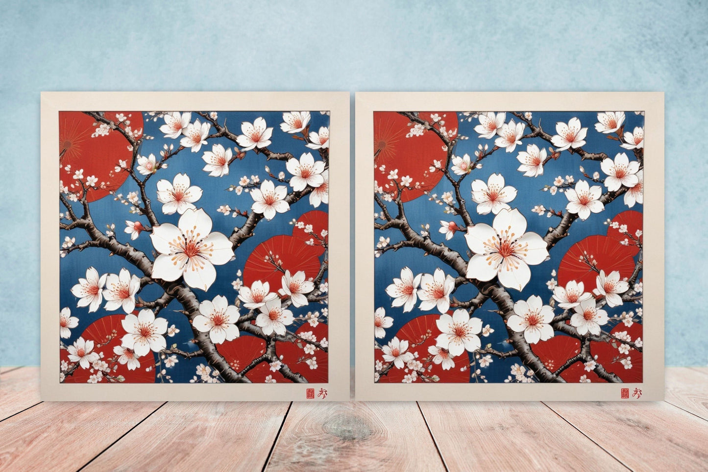 Cherry Blossom Ceramic Tiles Japanese Flower Design - Set of 2 Wall Décor Tiles - Kitchen Backsplash Tiles, Decorative Tiles, Bathroom Tiles