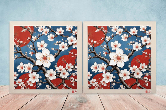 Cherry Blossom Ceramic Tiles Japanese Flower Design - Set of 2 Wall Décor Tiles - Kitchen Backsplash Tiles, Decorative Tiles, Bathroom Tiles