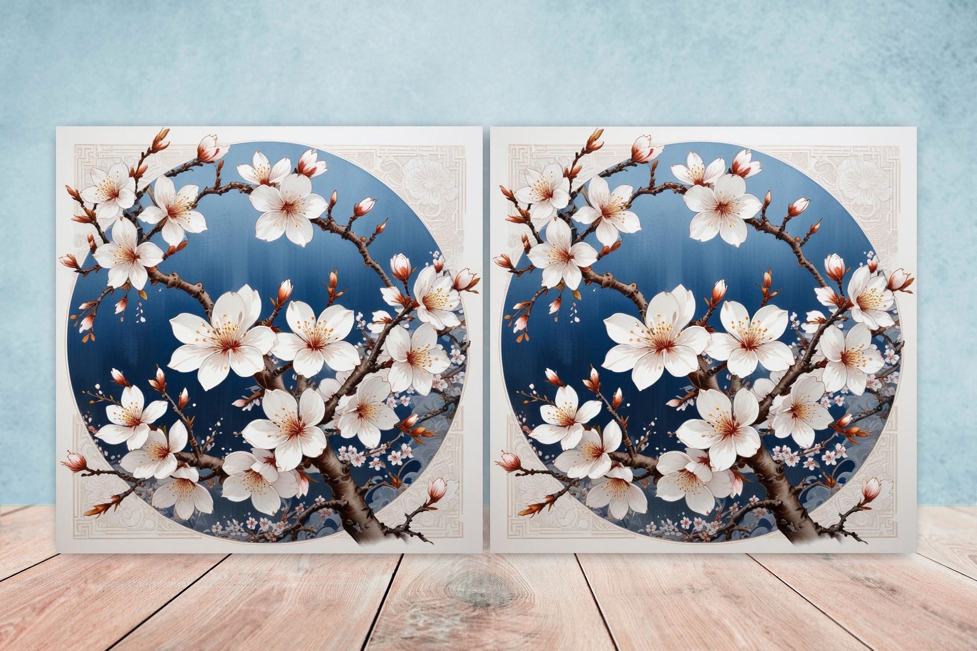 Cherry Blossom Ceramic Tiles Japanese Flower Design - Set of 2 Wall Décor Tiles - Kitchen Backsplash Tiles, Decorative Tiles, Bathroom Tiles