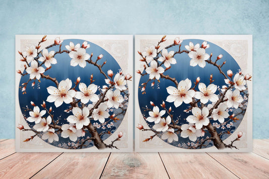 Cherry Blossom Ceramic Tiles Japanese Flower Design - Set of 2 Wall Décor Tiles - Kitchen Backsplash Tiles, Decorative Tiles, Bathroom Tiles