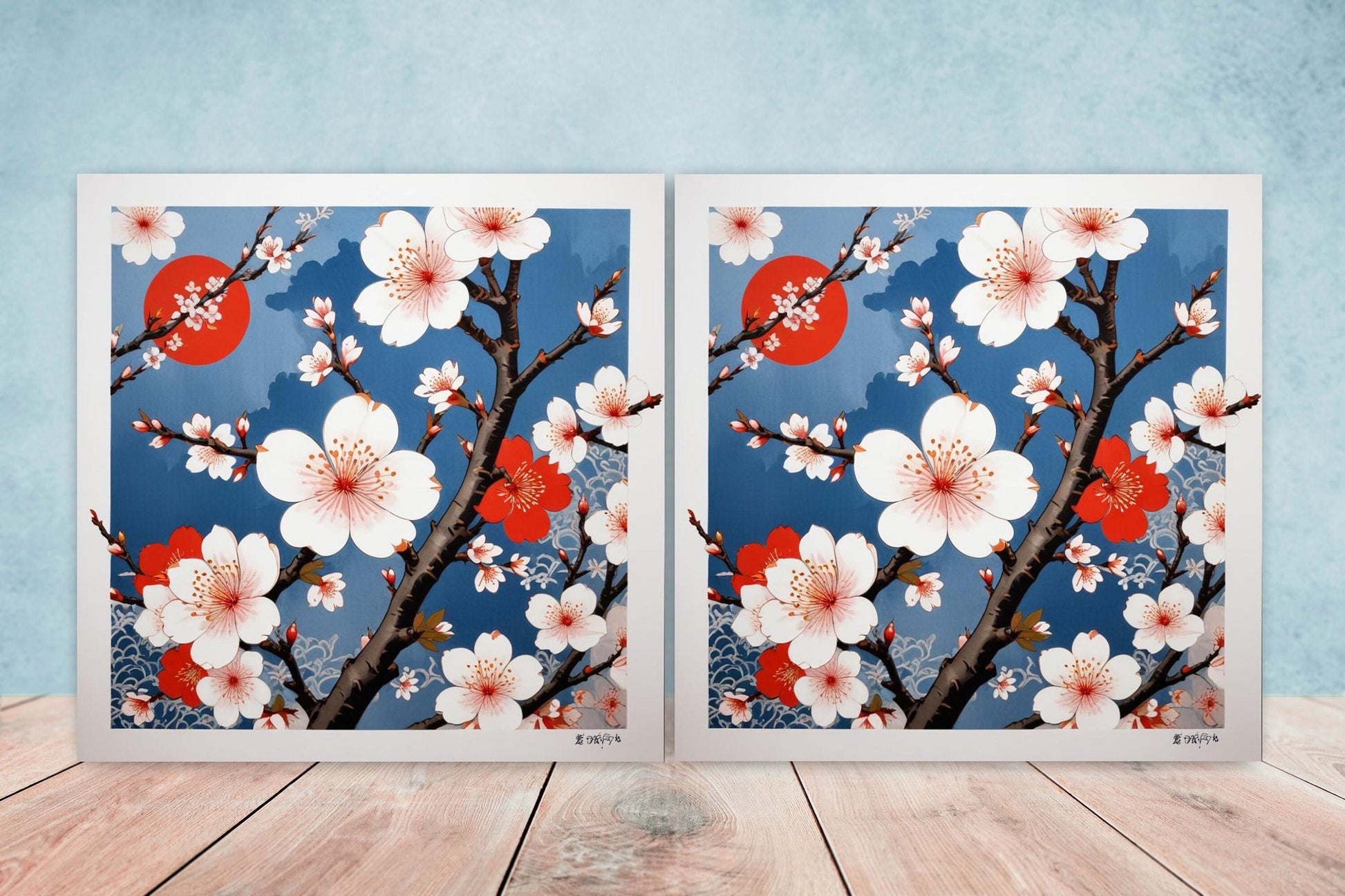 Japanese Ceramic Tiles Cherry Blossom Flower Design - Set of 2 Wall Décor Tiles - Kitchen Backsplash Tiles, Decorative Tiles, Bathroom Tiles