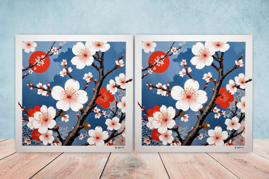 Japanese Ceramic Tiles Cherry Blossom Flower Design - Set of 2 Wall Décor Tiles - Kitchen Backsplash Tiles, Decorative Tiles, Bathroom Tiles