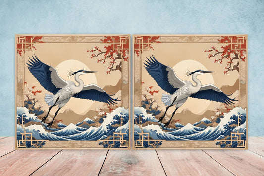 Japanese Ceramic Tiles - Set of 2 Heron Bird Wall Decor Tiles - Kitchen Backsplash Tiles, Table Decorative Tiles, Bathroom Tiles, Coaster