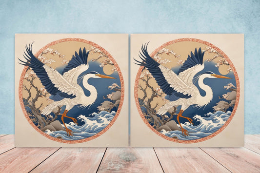 Japanese Ceramic Tiles - Set of 2 Heron Bird Wall Decor Tiles - Kitchen Backsplash Tiles, Table Decorative Tiles, Bathroom Tiles, Coaster