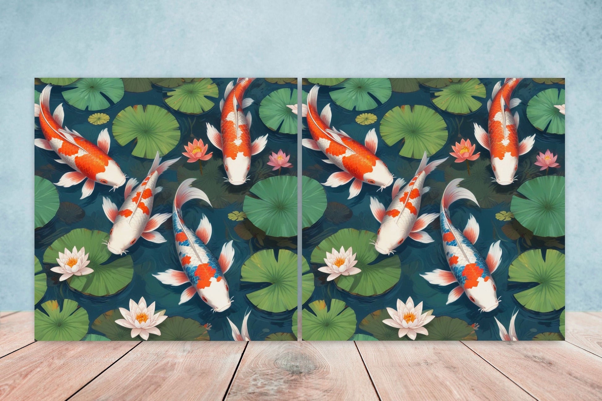 Koi Fish Ceramic Tile - Japanese Tiles -Set of 2 Wall Decor Tiles -Kitchen Backsplash Tiles,Table Decorative Tiles,Bathroom, Coaster
