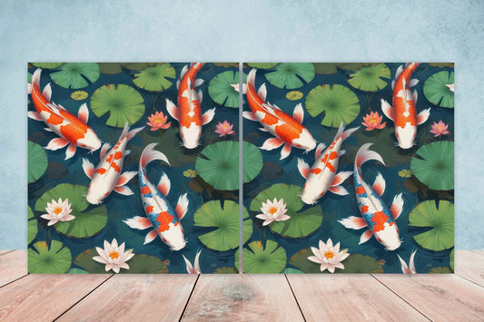 Koi Fish Ceramic Tile - Japanese Tiles -Set of 2 Wall Decor Tiles -Kitchen Backsplash Tiles,Table Decorative Tiles,Bathroom, Coaster