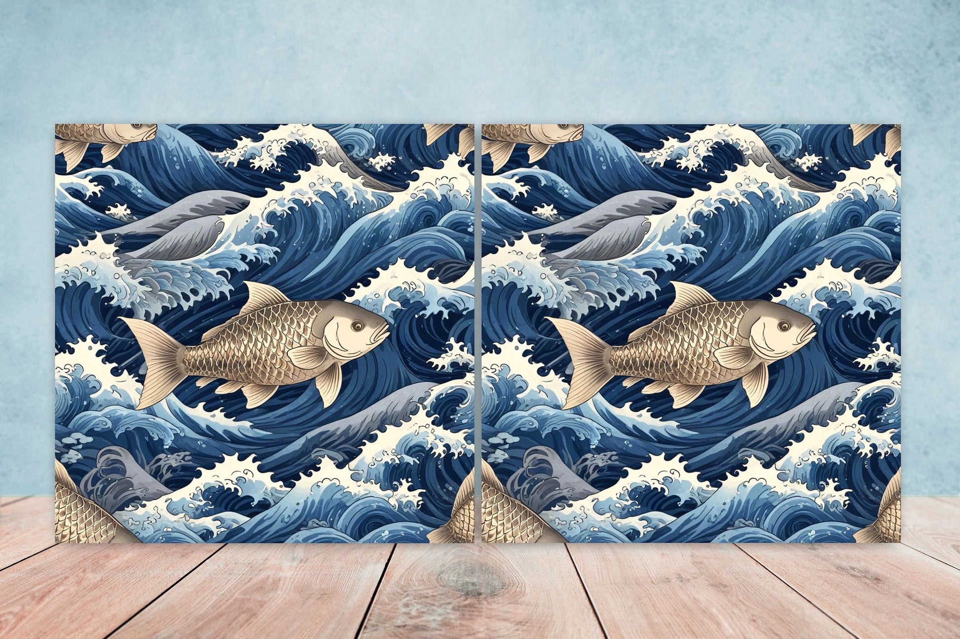 Carp Fish Ceramic Tile - Japanese Wave Tiles -Set of 2 Wall Decor Tiles -Kitchen Backsplash Tiles,Table Decorative Tiles,Bathroom, Coaster