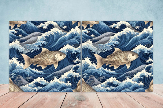 Carp Fish Ceramic Tile - Japanese Wave Tiles -Set of 2 Wall Decor Tiles -Kitchen Backsplash Tiles,Table Decorative Tiles,Bathroom, Coaster