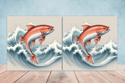 Salmon Fish Ceramic Tile - Japanese Wave Tiles -Set of 2 Wall Decor Tiles -Kitchen Backsplash Tiles,Table Decorative Tiles,Bathroom, Coaster