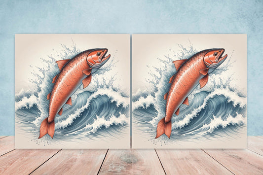 Salmon Fish Ceramic Tile - Japanese Wave Tiles -Set of 2 Wall Decor Tiles -Kitchen Backsplash Tiles,Table Decorative Tiles,Bathroom, Coaster