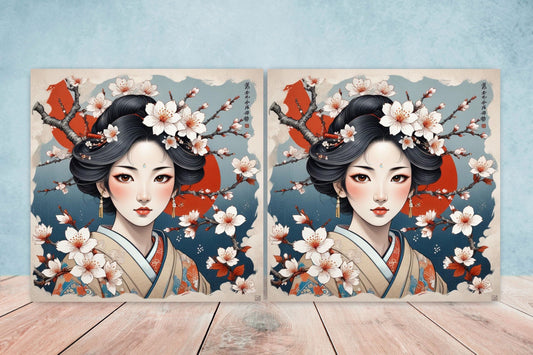 Japanese Ceramic Tiles - Japanese Girl -Set of 2 Wall Decor Tiles -Kitchen Backsplash Tiles,Table Decorative Tiles,Bathroom, Coaster