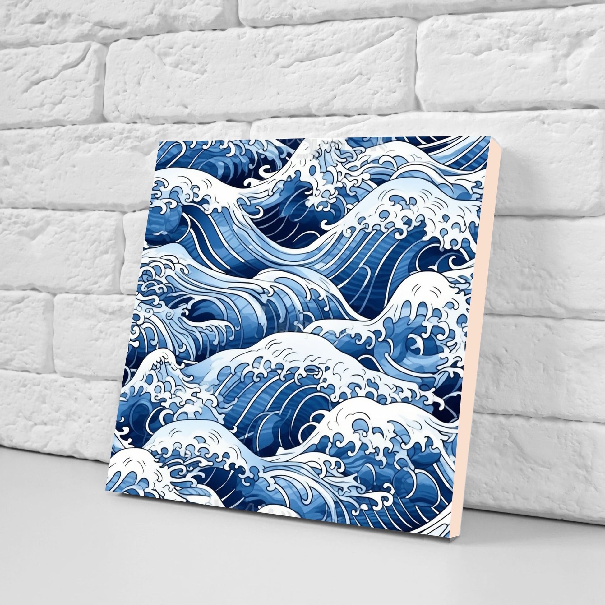 Japanese Wave Ceramic Tiles - Set of 2 Japan Wall Decor Tiles - Kitchen Backsplash Tiles, Table Decorative Tiles, Bathroom Tiles, Coaster