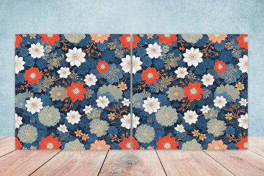 Japanese Ceramic Tiles Cherry Blossom Flower Design - Set of 2 Wall Décor Tiles - Kitchen Backsplash Tiles, Decorative Tiles, Bathroom Tiles