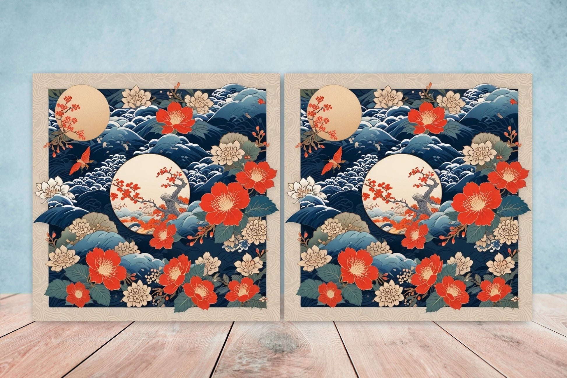 Japanese Ceramic Tiles Cherry Blossom Flower Design - Set of 2 Wall Décor Tiles - Kitchen Backsplash Tiles, Decorative Tiles, Bathroom Tiles