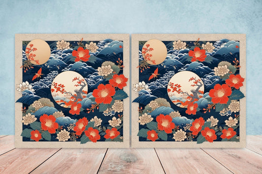 Japanese Ceramic Tiles Cherry Blossom Flower Design - Set of 2 Wall Décor Tiles - Kitchen Backsplash Tiles, Decorative Tiles, Bathroom Tiles