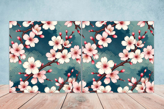 Japanese Ceramic Tiles Cherry Blossom Flower Design - Set of 2 Wall Décor Tiles - Kitchen Backsplash Tiles, Decorative Tiles, Bathroom Tiles