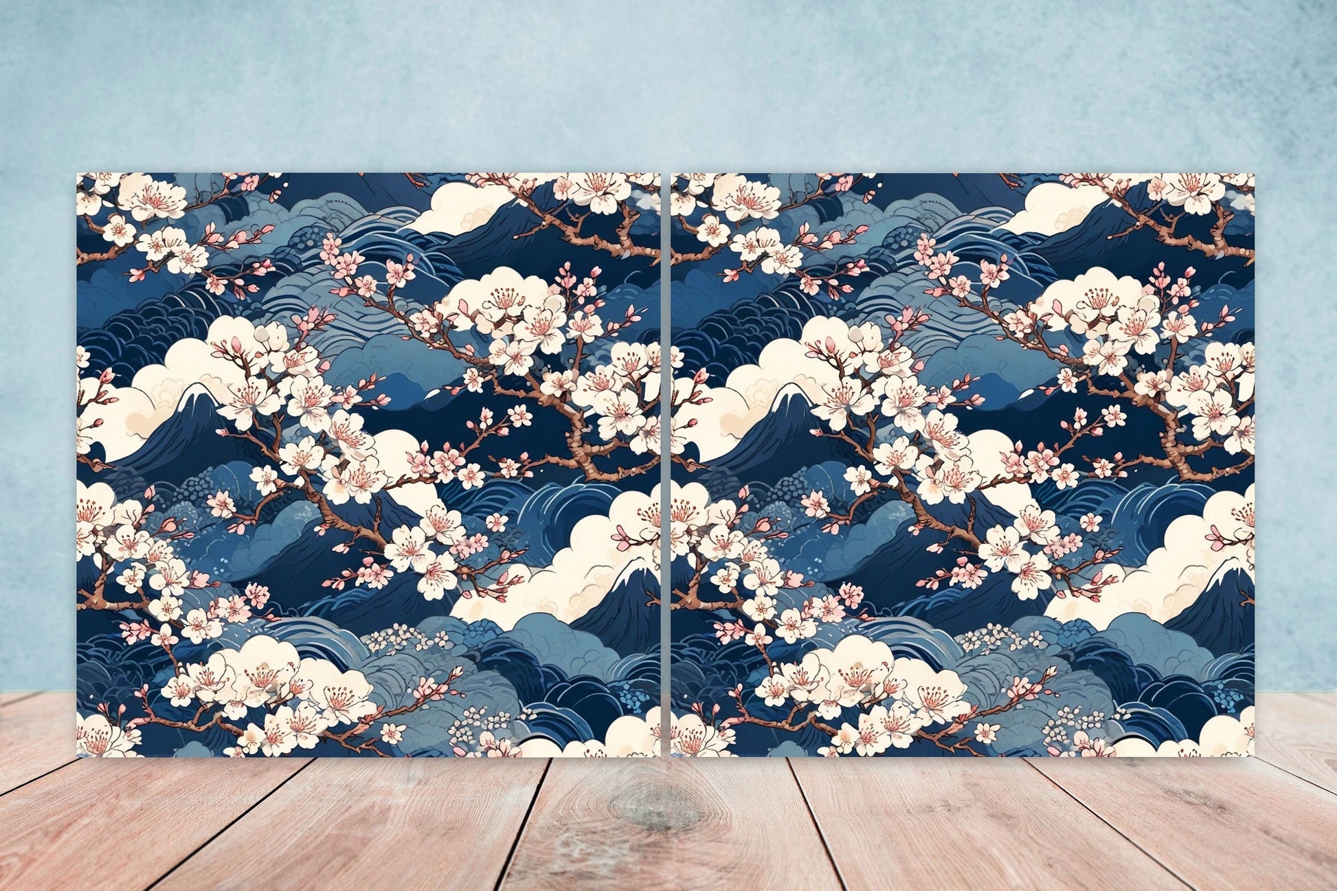 Japanese Ceramic Tiles Cherry Blossom Flower Design - Set of 2 Wall Décor Tiles - Kitchen Backsplash Tiles, Decorative Tiles, Bathroom Tiles