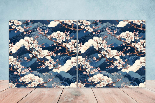 Japanese Ceramic Tiles Cherry Blossom Flower Design - Set of 2 Wall Décor Tiles - Kitchen Backsplash Tiles, Decorative Tiles, Bathroom Tiles