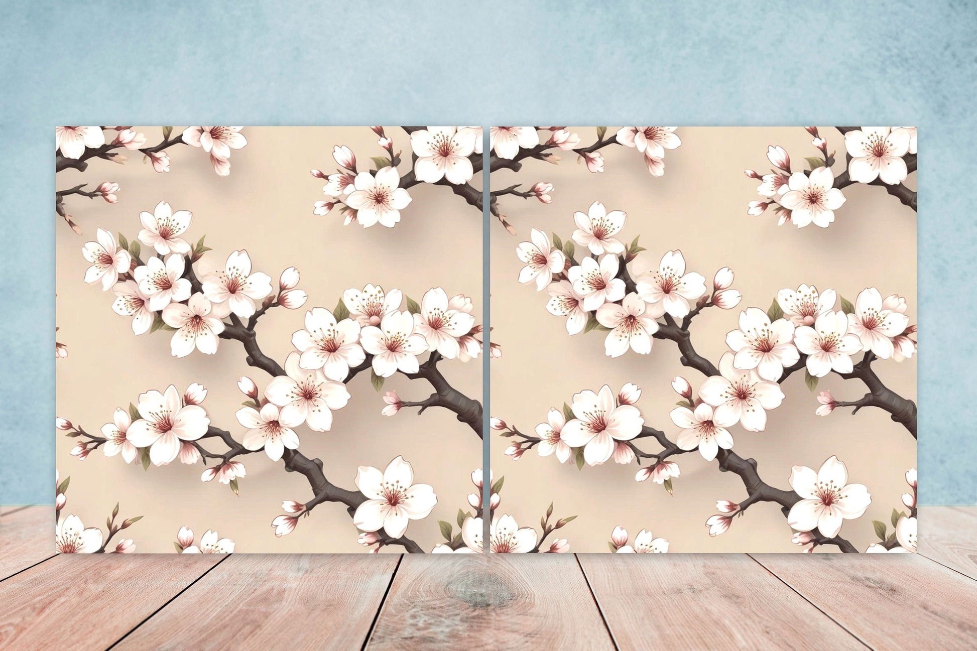 Japanese Ceramic Tiles Cherry Blossom Flower Design - Set of 2 Wall Décor Tiles - Kitchen Backsplash Tiles, Decorative Tiles, Bathroom Tiles