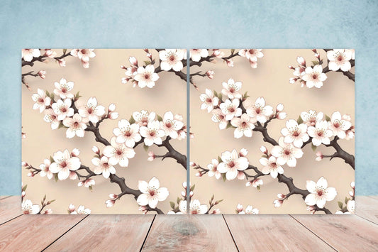 Japanese Ceramic Tiles Cherry Blossom Flower Design - Set of 2 Wall Décor Tiles - Kitchen Backsplash Tiles, Decorative Tiles, Bathroom Tiles