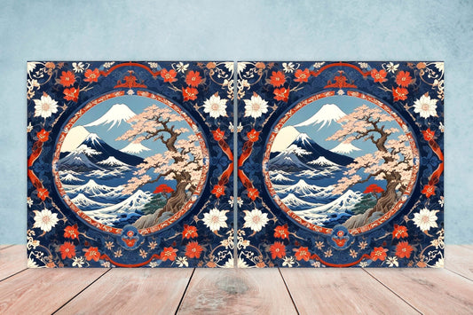 Japanese Ceramic Tiles - Japanese Landscape -Set of 2 Wall Decor Tiles -Kitchen Backsplash Tiles,Table Decorative Tiles,Bathroom, Coaster