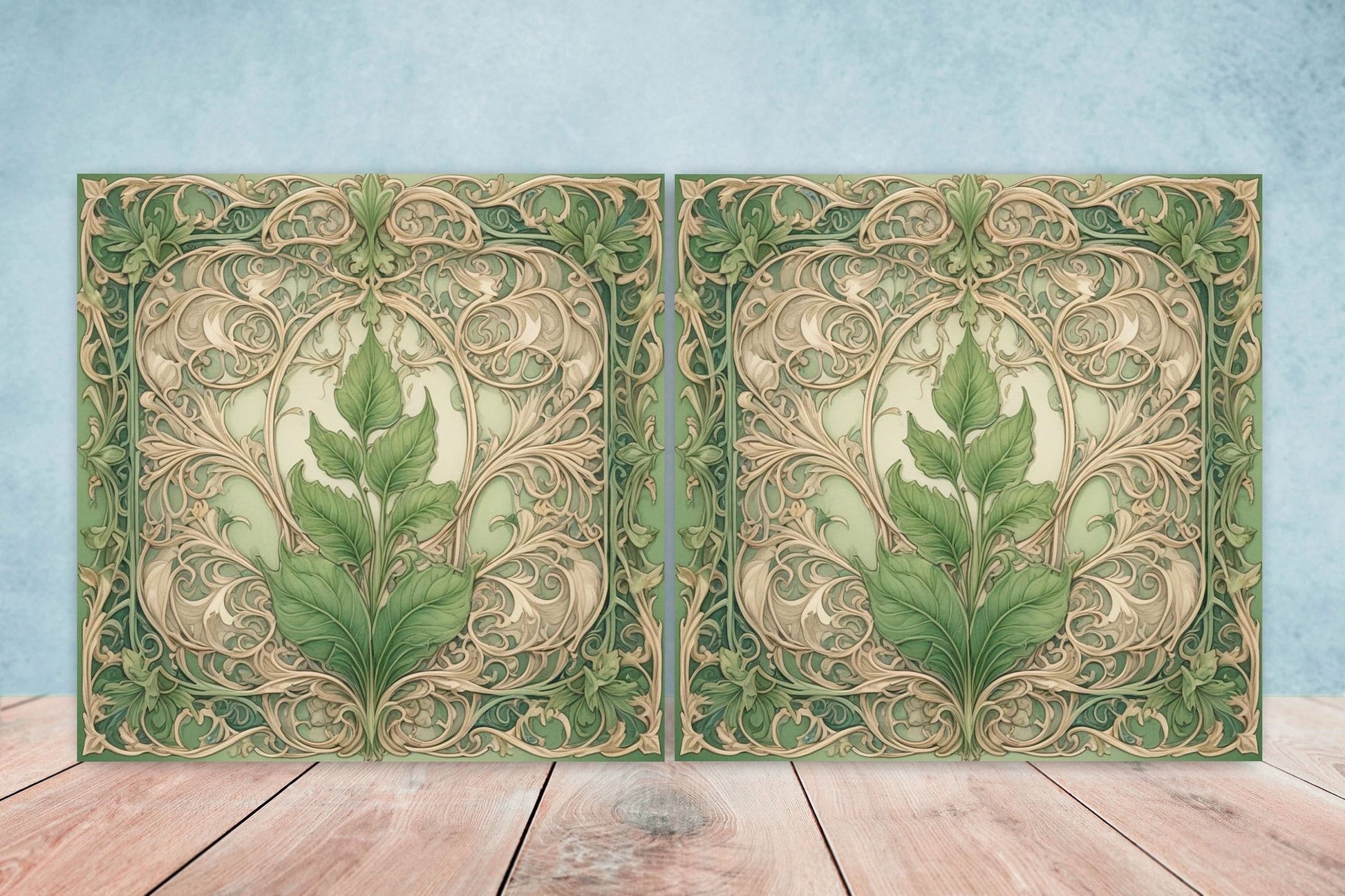 Art Nouveau Leaf Ceramic Tiles - Set of 2 Art Nouveau Wall Decor Tiles - Kitchen Backsplash Tiles, Table Decorative Tiles, Bathroom Tiles