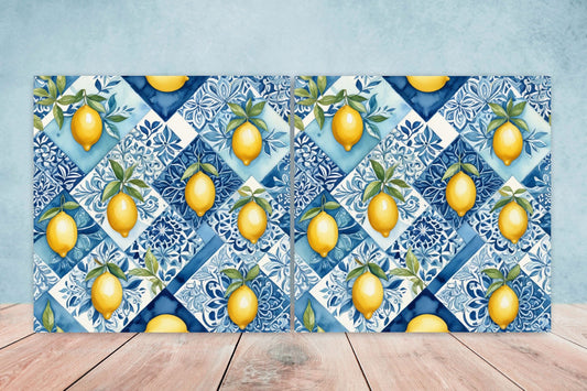 Italian Majolica Lemon Tiles - Set of 2 Italian Wall Decor Tiles - Kitchen Backsplash Tiles, Table Decorative Tiles, Bathroom Tiles, Coaster