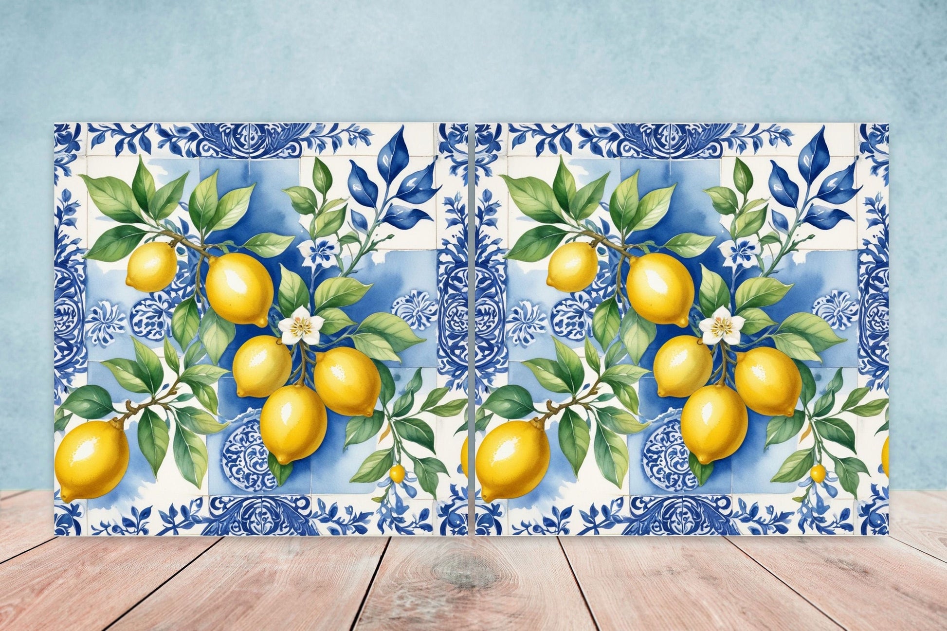 Italian Majolica Lemon Tiles - Set of 2 Italian Wall Decor Tiles - Kitchen Backsplash Tiles, Table Decorative Tiles, Bathroom Tiles, Coaster