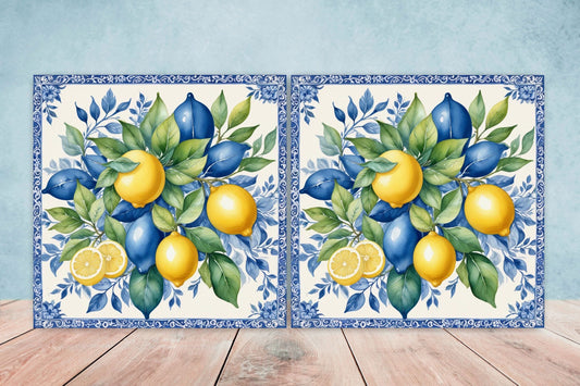 Italian Majolica Lemon Tiles - Set of 2 Italian Wall Decor Tiles - Kitchen Backsplash Tiles, Table Decorative Tiles, Bathroom Tiles, Coaster