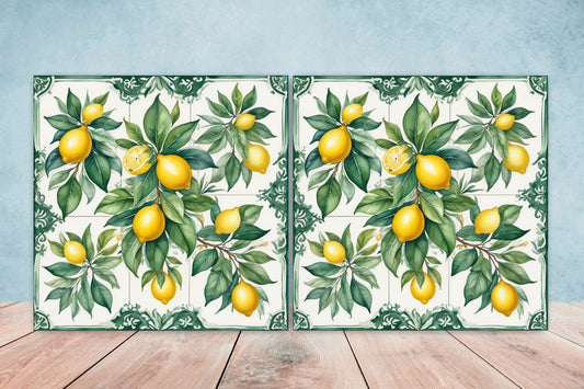 Italian Majolica Lemon Tiles - Set of 2 Italian Wall Decor Tiles - Kitchen Backsplash Tiles, Table Decorative Tiles, Bathroom Tiles, Coaster