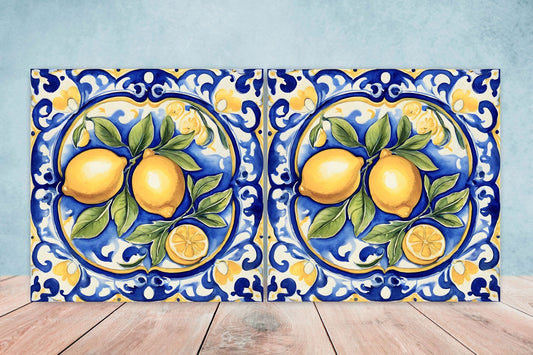 Italian Majolica Lemon Tiles - Set of 2 Italian Wall Decor Tiles - Kitchen Backsplash Tiles, Table Decorative Tiles, Bathroom Tiles, Coaster