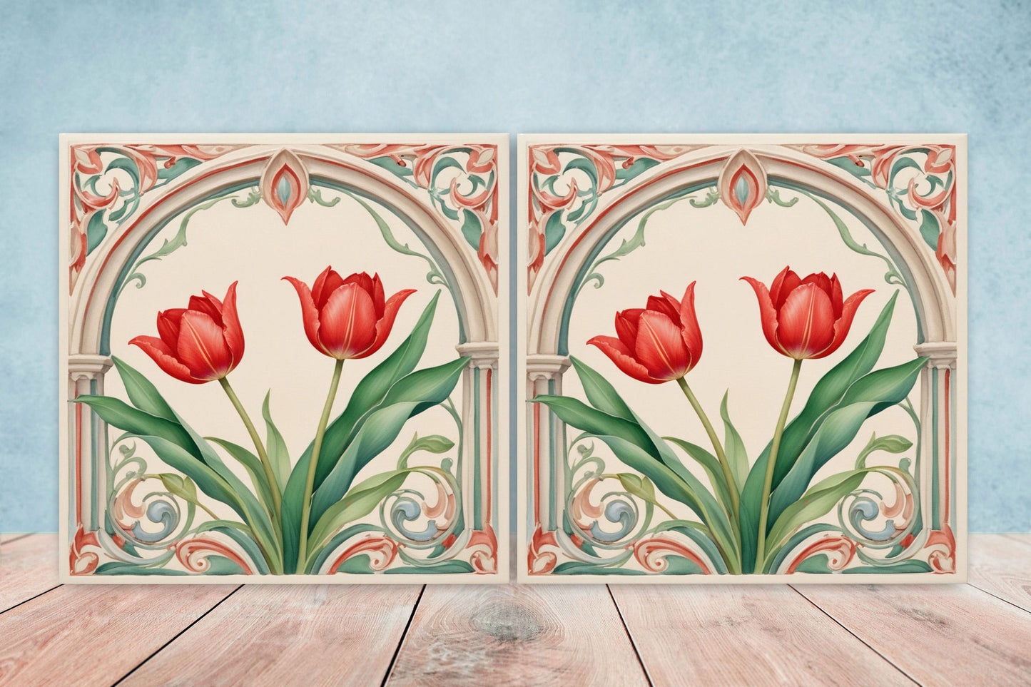 Art Nouveau Flower Ceramic Tiles - Set of 2 Art Nouveau Wall Decor Tiles - Kitchen Backsplash Tiles, Table Decorative Tiles, Bathroom Tiles